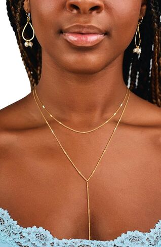 CAROVO Gold Necklace for Women Dainty Long Necklace 14K Gold/Silver Lariat Y-Shaped Pendant Necklaces Trendy Layered Lip Cubic Zirconia Beaded Chain Drop Necklaces Jewelry for Women Gifts in Kuwait