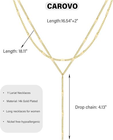 CAROVO Gold Necklace for Women Dainty Long Necklace 14K Gold/Silver Lariat Y-Shaped Pendant Necklaces Trendy Layered Lip Cubic Zirconia Beaded Chain Drop Necklaces Jewelry for Women Gifts in Kuwait