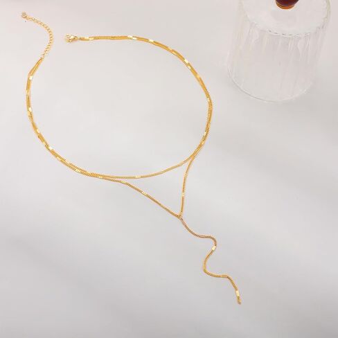 CAROVO Gold Necklace for Women Dainty Long Necklace 14K Gold/Silver Lariat Y-Shaped Pendant Necklaces Trendy Layered Lip Cubic Zirconia Beaded Chain Drop Necklaces Jewelry for Women Gifts in Kuwait