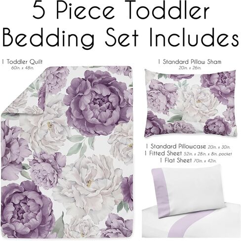 مجموعة مفروشات Sweet Jojo Designs باللون الأرجواني والوردي والرمادي والأبيض باللون الأرجواني والوردي والرمادي والأبيض بألوان مائية زهرية للفتيات الصغيرات - 5 قطع لحاف وشام وملاءات - زهرة وردية منقطة in Kuwait