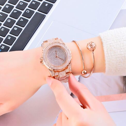Luxury Women Watch Bling Bling Fashion Jewelry Crystal Diamond Rhinestone Ladies Watches Steel Band Round Dial Analog Clock Classic Quartz Female Charm Bracelet Dress Wristwatches in Saudi Arabia