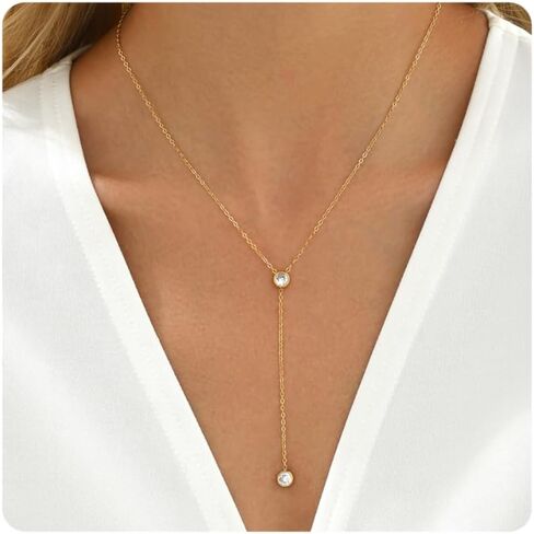 Dainty Lariat Necklace for Women 18K Gold Plated Trendy CZ Beaded Chain Drop Necklaces Long Y-Shaped Pendant Jewelry Necklace for Women Gift in Kuwait