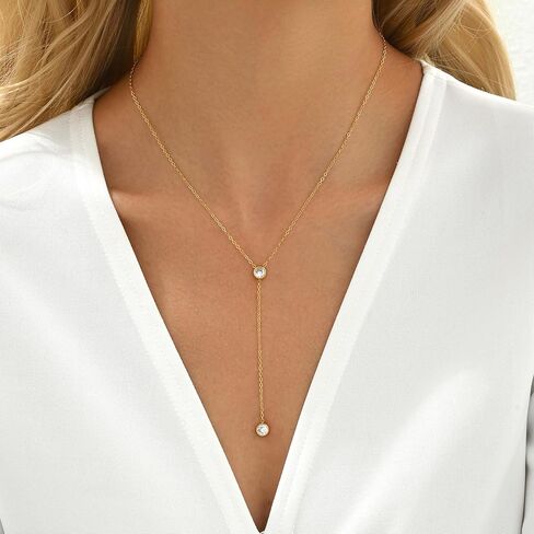 Dainty Lariat Necklace for Women 18K Gold Plated Trendy CZ Beaded Chain Drop Necklaces Long Y-Shaped Pendant Jewelry Necklace for Women Gift in Kuwait