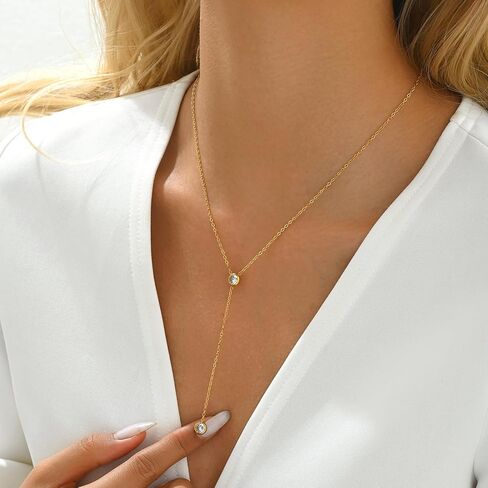 Dainty Lariat Necklace for Women 18K Gold Plated Trendy CZ Beaded Chain Drop Necklaces Long Y-Shaped Pendant Jewelry Necklace for Women Gift in Kuwait