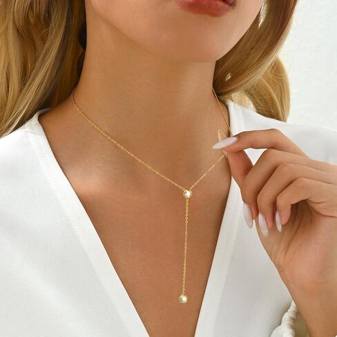Dainty Lariat Necklace for Women 18K Gold Plated Trendy CZ Beaded Chain Drop Necklaces Long Y-Shaped Pendant Jewelry Necklace for Women Gift in Kuwait
