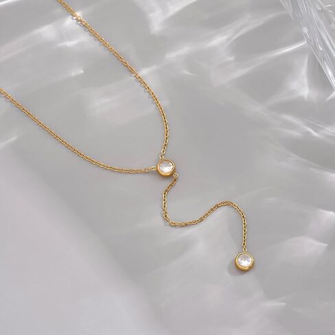 Dainty Lariat Necklace for Women 18K Gold Plated Trendy CZ Beaded Chain Drop Necklaces Long Y-Shaped Pendant Jewelry Necklace for Women Gift in Kuwait