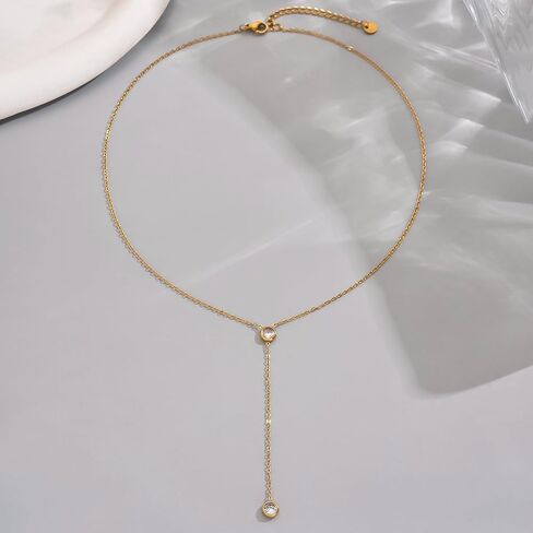 Dainty Lariat Necklace for Women 18K Gold Plated Trendy CZ Beaded Chain Drop Necklaces Long Y-Shaped Pendant Jewelry Necklace for Women Gift in Kuwait