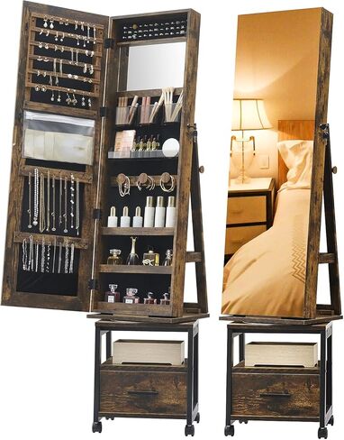 360° Swivel Jewelry Armoire with Storage Shelf & Drawer, 66" H Full-Length Mirror Jewelry Armoire, Floor Standing Jewelry Organizer Cabinet with Wheels, Rustic Brown in Saudi Arabia