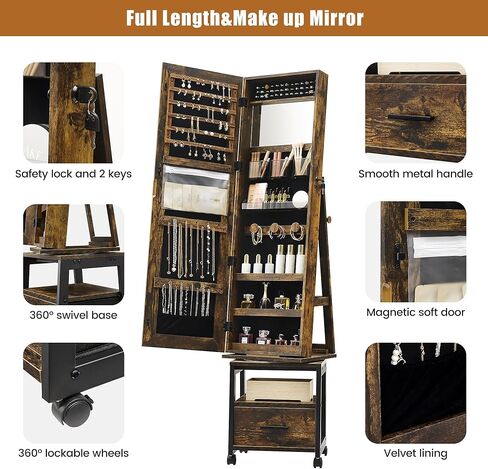 360° Swivel Jewelry Armoire with Storage Shelf & Drawer, 66" H Full-Length Mirror Jewelry Armoire, Floor Standing Jewelry Organizer Cabinet with Wheels, Rustic Brown in Saudi Arabia