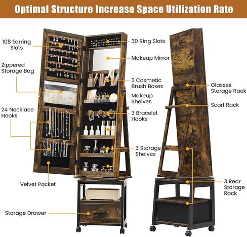 360° Swivel Jewelry Armoire with Storage Shelf & Drawer, 66" H Full-Length Mirror Jewelry Armoire, Floor Standing Jewelry Organizer Cabinet with Wheels, Rustic Brown in Saudi Arabia