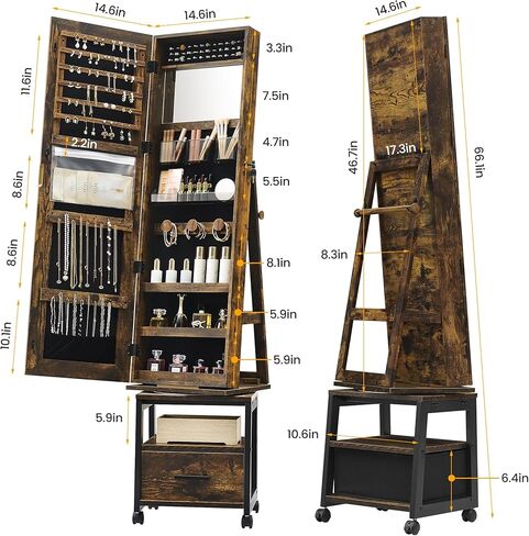 360° Swivel Jewelry Armoire with Storage Shelf & Drawer, 66" H Full-Length Mirror Jewelry Armoire, Floor Standing Jewelry Organizer Cabinet with Wheels, Rustic Brown in Saudi Arabia