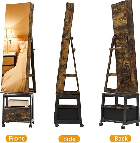 360° Swivel Jewelry Armoire with Storage Shelf & Drawer, 66" H Full-Length Mirror Jewelry Armoire, Floor Standing Jewelry Organizer Cabinet with Wheels, Rustic Brown in Saudi Arabia