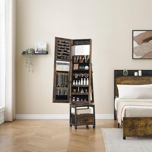 360° Swivel Jewelry Armoire with Storage Shelf & Drawer, 66" H Full-Length Mirror Jewelry Armoire, Floor Standing Jewelry Organizer Cabinet with Wheels, Rustic Brown in Saudi Arabia