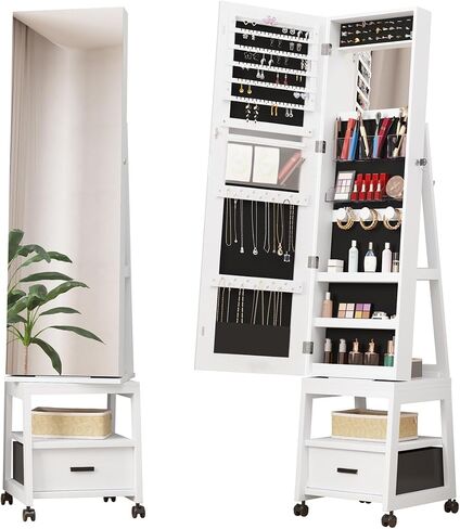 360° Swivel Jewelry Armoire with Storage Shelf & Drawer, 66" H Full-Length Mirror Jewelry Armoire, Floor Standing Jewelry Organizer Cabinet with Wheels, Rustic Brown in Saudi Arabia
