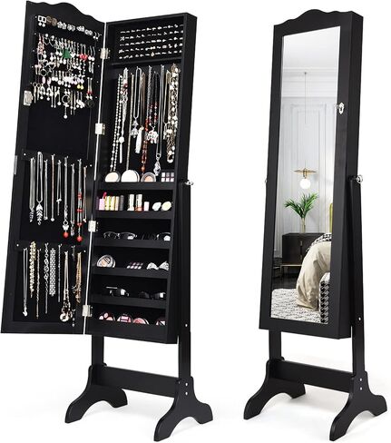 COSTWAY Mirror Jewelry Cabinet, 4-Angle Tilting Jewelry Organizer with Full-length Mirror & Large Capacity, Lockable Standing Jewelry Armoires for Bedroom, Dressing Room (Black) in Saudi Arabia
