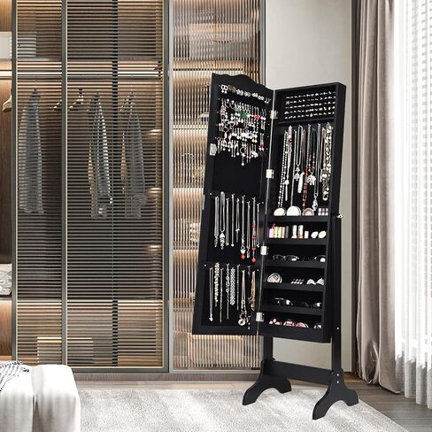 COSTWAY Mirror Jewelry Cabinet, 4-Angle Tilting Jewelry Organizer with Full-length Mirror & Large Capacity, Lockable Standing Jewelry Armoires for Bedroom, Dressing Room (Black) in Saudi Arabia