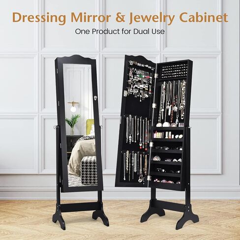 COSTWAY Mirror Jewelry Cabinet, 4-Angle Tilting Jewelry Organizer with Full-length Mirror & Large Capacity, Lockable Standing Jewelry Armoires for Bedroom, Dressing Room (Black) in Saudi Arabia