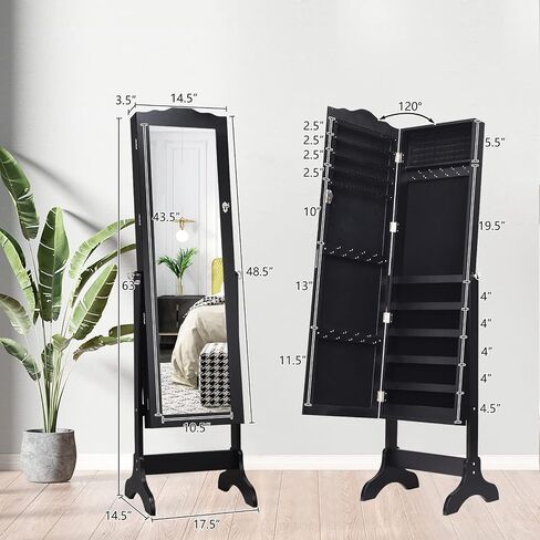 COSTWAY Mirror Jewelry Cabinet, 4-Angle Tilting Jewelry Organizer with Full-length Mirror & Large Capacity, Lockable Standing Jewelry Armoires for Bedroom, Dressing Room (Black) in Saudi Arabia