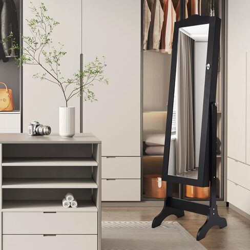 COSTWAY Mirror Jewelry Cabinet, 4-Angle Tilting Jewelry Organizer with Full-length Mirror & Large Capacity, Lockable Standing Jewelry Armoires for Bedroom, Dressing Room (Black) in Saudi Arabia