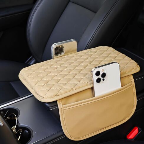 Car Center Console Cover, Quilted Microfiber Leather Armrest Cushion with Storage Pockets, Universal Fit, Black in Saudi Arabia