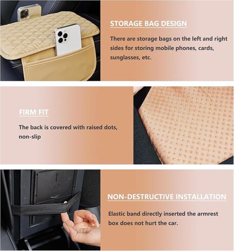 Car Center Console Cover, Quilted Microfiber Leather Armrest Cushion with Storage Pockets, Universal Fit, Black in Saudi Arabia