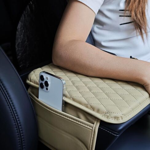 Car Center Console Cover, Quilted Microfiber Leather Armrest Cushion with Storage Pockets, Universal Fit, Black in Saudi Arabia