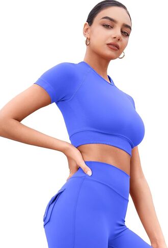 YEOREO SoftHue Womens Short Sleeve Crop Tops Caliyta Seamless Workout Impact T Shirts Crew Neck Raglan Gym Yoga Tees Slim Fit in Saudi Arabia