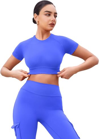 YEOREO SoftHue Womens Short Sleeve Crop Tops Caliyta Seamless Workout Impact T Shirts Crew Neck Raglan Gym Yoga Tees Slim Fit in Saudi Arabia