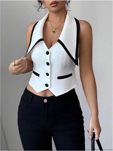 Floerns Women's Contrast Binding Sleeveless Waistcoat Button Front Collared Blazer Vest in Saudi Arabia