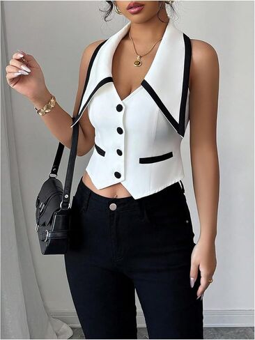 Floerns Women's Contrast Binding Sleeveless Waistcoat Button Front Collared Blazer Vest in Saudi Arabia