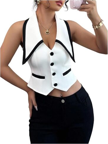 Floerns Women's Contrast Binding Sleeveless Waistcoat Button Front Collared Blazer Vest in Saudi Arabia