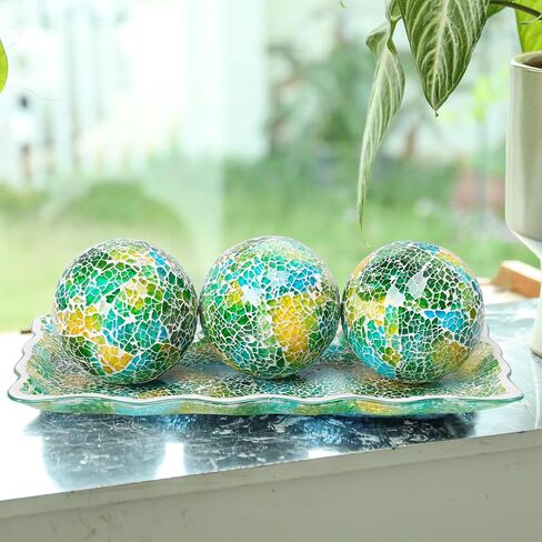 VCUTEKA Decorative Balls and Glass Bowl, 4 Inch Mosaic Sphere Balls Centerpiece Balls for Coffee Table, Home Decor, Wedding Party Decor, Blue in Kuwait