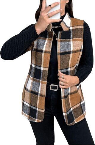 GORGLITTER Women's Plus Sleeveless Long Vest Cardigan Plaid Checkered Business Casual Work Blazers Outfits in Saudi Arabia