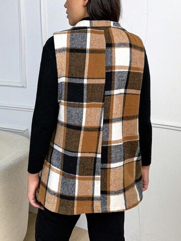 GORGLITTER Women's Plus Sleeveless Long Vest Cardigan Plaid Checkered Business Casual Work Blazers Outfits in Saudi Arabia