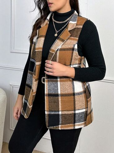 GORGLITTER Women's Plus Sleeveless Long Vest Cardigan Plaid Checkered Business Casual Work Blazers Outfits in Saudi Arabia
