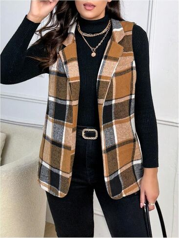 GORGLITTER Women's Plus Sleeveless Long Vest Cardigan Plaid Checkered Business Casual Work Blazers Outfits in Saudi Arabia