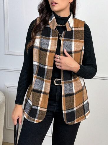GORGLITTER Women's Plus Sleeveless Long Vest Cardigan Plaid Checkered Business Casual Work Blazers Outfits in Saudi Arabia