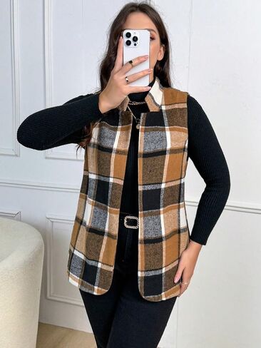 GORGLITTER Women's Plus Sleeveless Long Vest Cardigan Plaid Checkered Business Casual Work Blazers Outfits in Saudi Arabia