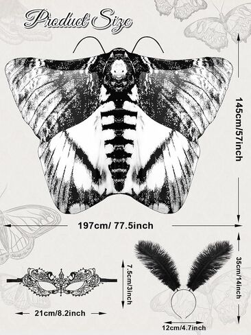 3 Pcs Moth Butterfly Wings Cape Set Adult Costume Moth Wings Moth Cape with Headband Lace Mask for Halloween in Kuwait