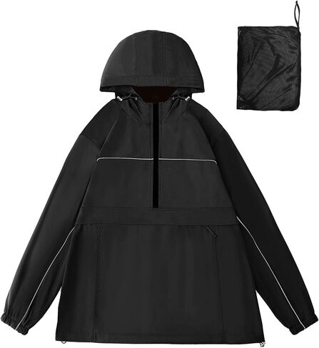 Avoogue Raincoat Women Reflective Waterproof Rain Jackets Half Zipper Packable Outdoor Hooded Windbreaker Lined Jacket in Kuwait