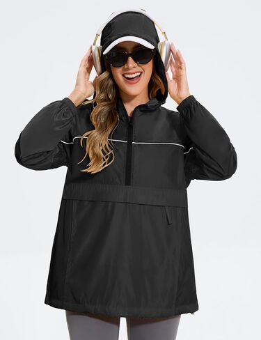 Avoogue Raincoat Women Reflective Waterproof Rain Jackets Half Zipper Packable Outdoor Hooded Windbreaker Lined Jacket in Kuwait