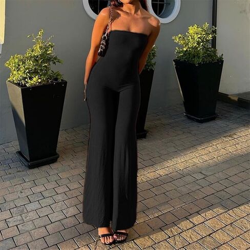 ECHOINE Women Bodycon Tube Top Wide Leg Jumpsuit Off Shoulder Long Pant Romper in Saudi Arabia