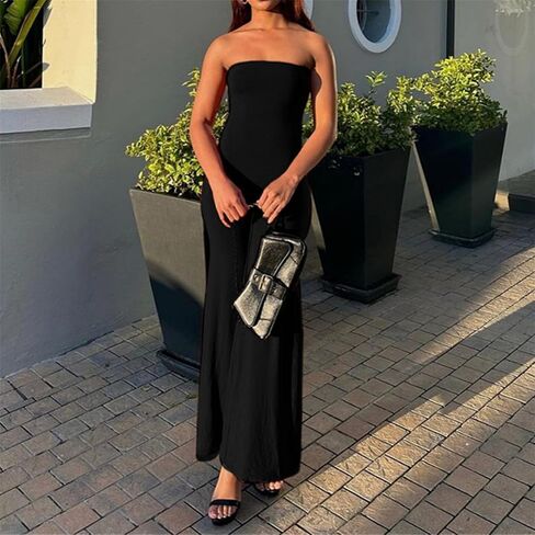 ECHOINE Women Bodycon Tube Top Wide Leg Jumpsuit Off Shoulder Long Pant Romper in Saudi Arabia