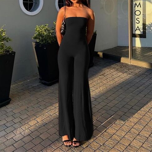 ECHOINE Women Bodycon Tube Top Wide Leg Jumpsuit Off Shoulder Long Pant Romper in Saudi Arabia