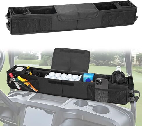 حقيبة تخزين علوية لعربة الجولف قابلة للطي، حقيبة تخزين لسقف السيارة بدون حفر، حقيبة تنظيم شبكية بطول قابل للتعديل لعربة الجولف تناسب جميع سيارات النادي السابقة، تيمبو، للأمام (أسود) in Kuwait