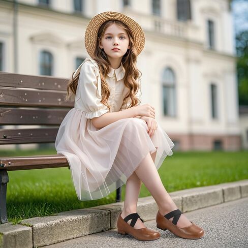 PANDANINJIA Girls Dress Shoes Ballet Flats Mary Jane Elastic Cross Strap Little Big Kid Low Heels Flower Girl Shoes in Saudi Arabia