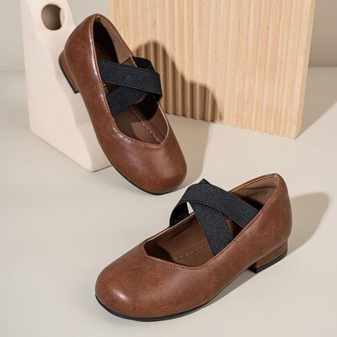 PANDANINJIA Girls Dress Shoes Ballet Flats Mary Jane Elastic Cross Strap Little Big Kid Low Heels Flower Girl Shoes in Saudi Arabia