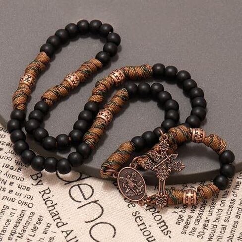 Nazareth Store Paracord Rosary Necklace 8mm beads beads bronze bronze Strong rotced struded catholic catholic with St.Michael Medal & Cross Crucifix in Kuwait