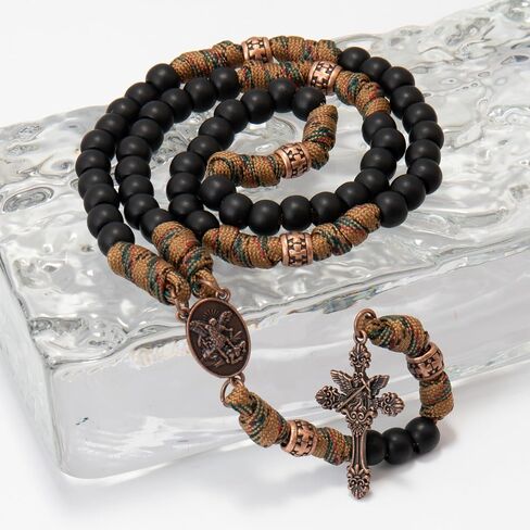 Nazareth Store Paracord Rosary Necklace 8mm beads beads bronze bronze Strong rotced struded catholic catholic with St.Michael Medal & Cross Crucifix in Kuwait