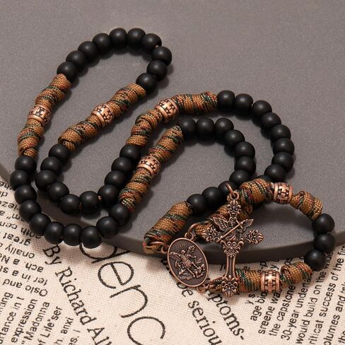 Nazareth Store Paracord Rosary Necklace 8mm beads beads bronze bronze Strong rotced struded catholic catholic with St.Michael Medal & Cross Crucifix in Kuwait